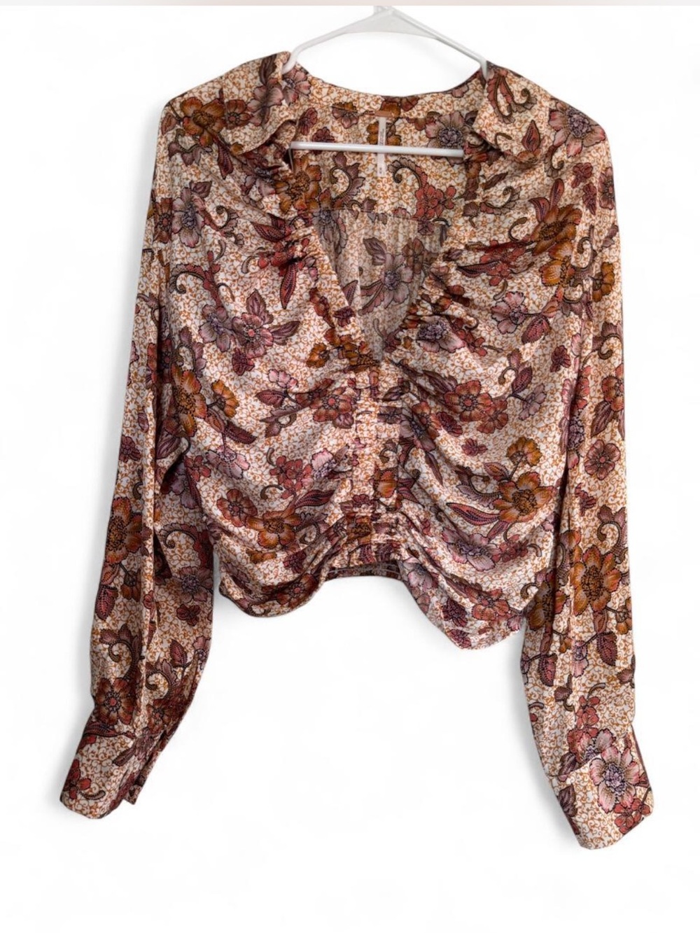 Free People I Got You Floral Ruched V-Neck Blouse - Pink, Brown, Cream